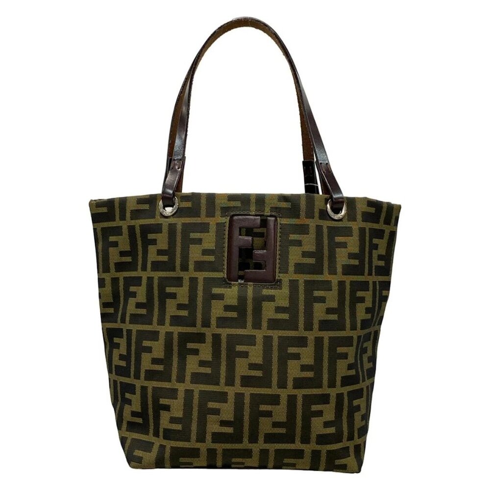 Auth FENDI Zucca - Khaki Black Dark Brown Jacquard Leather Tote Bag